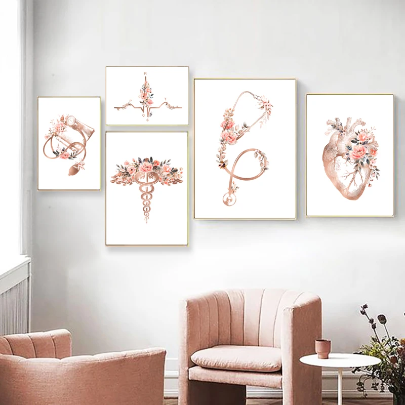 Warm-Medical-Posters-Flowers-Heart-Stethoscope-Ecg-Creative-Medical-Equipment-Canvas-Painting-Hospit