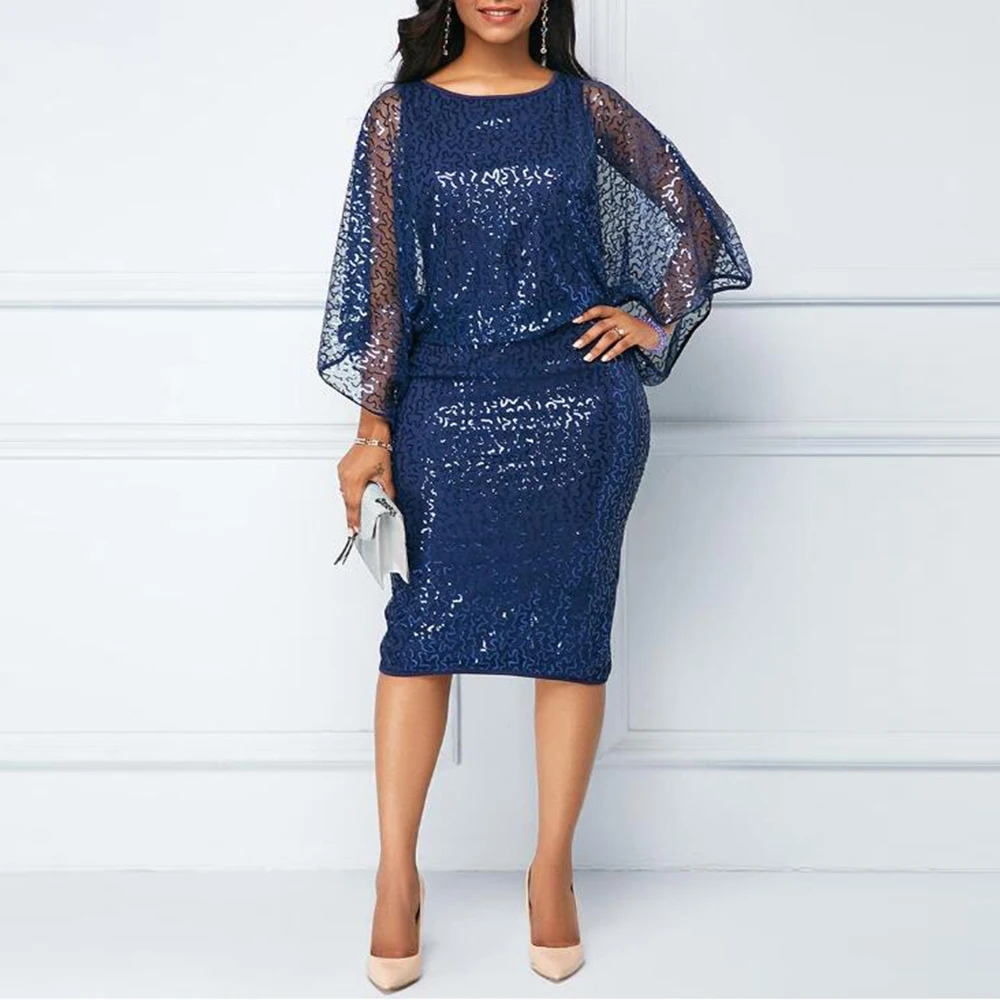 

2020 Latest Unique Sparkling Royal Blue Short Mother of the Bride Dresses Knee Length Wedding Guest Gowns Long Sleeve O Neck