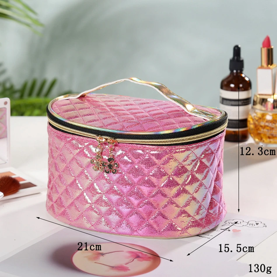 Fashion WomenTravel Laser Makeup Bag Organizer Waterproof Zipper PU Plaid Cosmetic Make Up Storage Portable Beauty Wash Kit Case