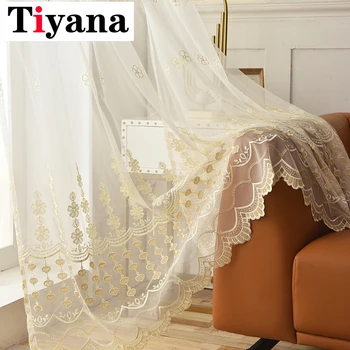 

Luxury Embroidered Beige Sheer Tulle Curtains For Living Room Emboss Grey Curtains For Bedroom Window Treatment Drapes P446X