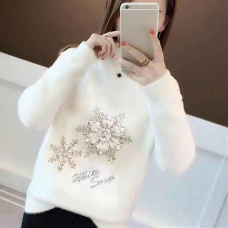 Neploe корейский стиль преппи свободный водолазка вязаный свитер Одноцветный цветок пуловеры с вышивкой Зимний Элегантный свитер для девочек 45516 - Цвет: white