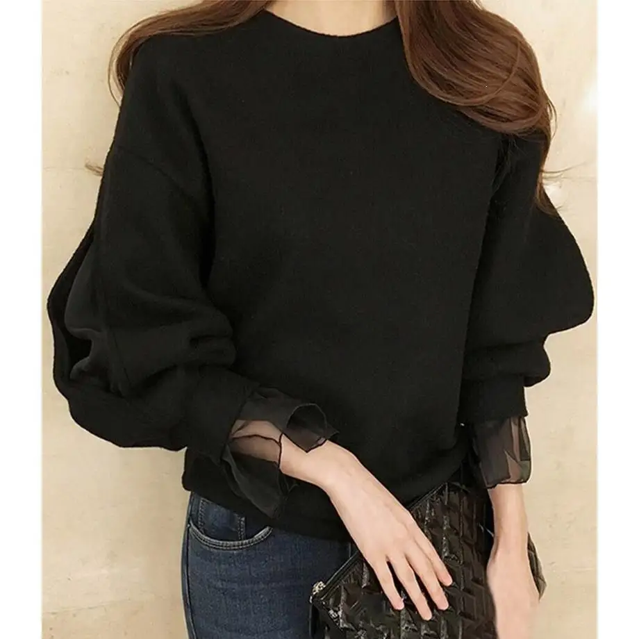 

Casual Round Neck Transparent Long Sleeve Mesh Hoodies Women Autumn Solid Pullover Tops Loose Sweatshirt