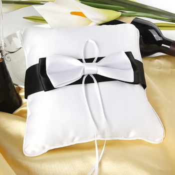 

20*20CM White Color Wedding Ring Pillow with Black Sash and White Bow