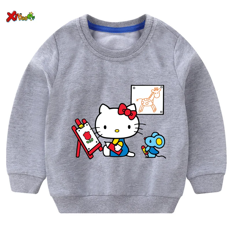 Свитшоты для маленьких девочек Футболка hello kitty г. Осенние толстовки для малышей, пуловер с длинными рукавами Модная одежда с героями мультфильмов красный, белый - Цвет: sweatshirt gray