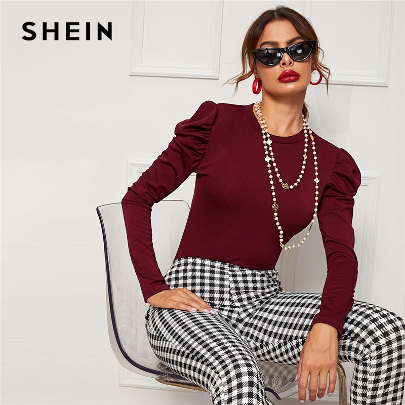 SHEIN, однотонная тонкая элегантная футболка с круглым вырезом, женские футболки, осень, пышные рукава, офисные женские базовые обтягивающие футболки