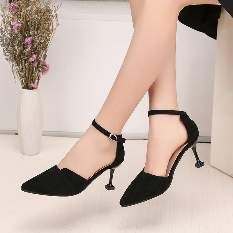 

2019 Spring New Style Straight-line Buckle High Heel Shoes Women's Thin Heeled Low-Cut Business Versatile Hallow Pointed Shoes W