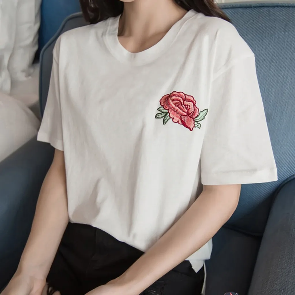 JAYCOSIN Women T-shirt Simple Casual Clothing Embroidery Rose short-sleeved Solid Color Base Tshirt Fashion Slim Loose Girl Top | Женская