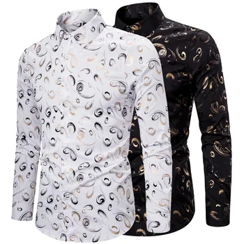 

YS087 Spring New Style Foreign Trade Casual MEN'S Long-sleeved Shirt Digital Bronzing Printed Elasticity Mens Dress Shirts