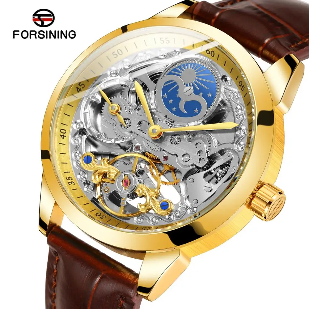

Forsining Automatic Mechanical Mens Watches Man Golden Clock Genuine Leather Strap Casual Waterproof Moon Phase Erkek Kol Saati