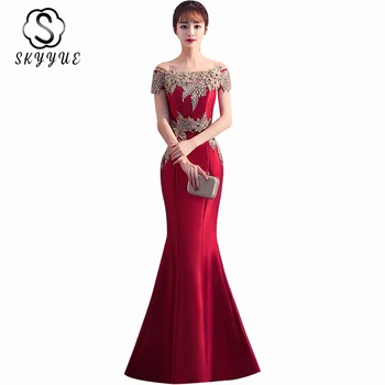 

Mermaid Evening Dresses Skyyue ER507 Burgundy Off Shoulder Evening Gowns Elegant Embroidery Lace Boat Neck Robe De Soiree