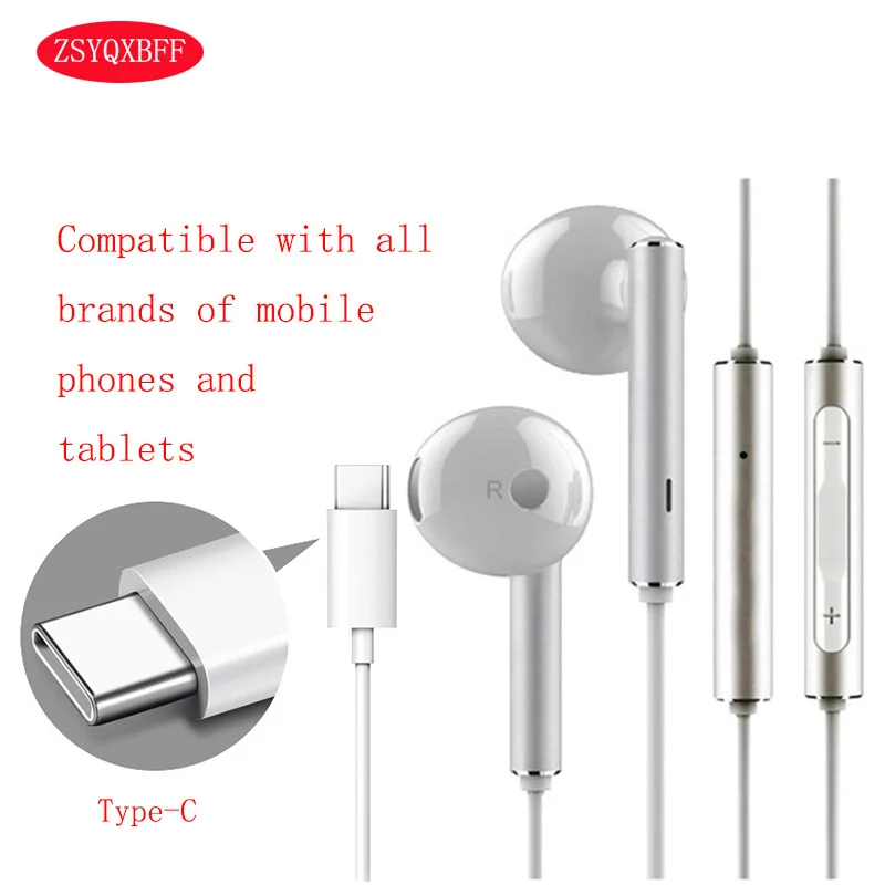 

ZSYQXBFF Earphones type-c In-Ear Earphone with Wire Control Mic for Samsung Huawei Xiaomi Honor Google Smart Phone tablet MP3