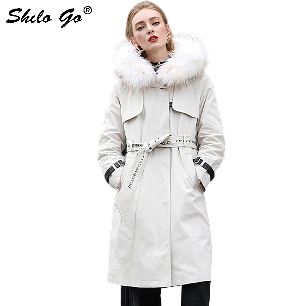 

Fur Parkas Elegant Real Fox Fur Collar Wrap Waist Thick Warm Rabbit Fur Lining Long Coat Women Winter Office Lady Outwear Female