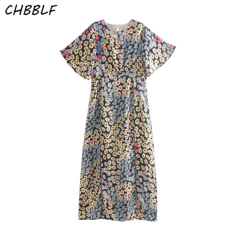 CHBBLF женское винтажное платье с принтом Короткие рукава-фонарики повседневное шикарное платье с разрезом vestido WDL1002 - Цвет: Синий