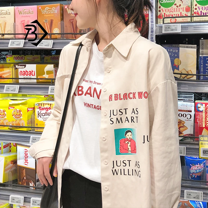 

New Arrival Women Letter Print Long Sleeve Jeans Oversize Blouse Turn-Down Collar Denim Shirts Casual Top T97901F