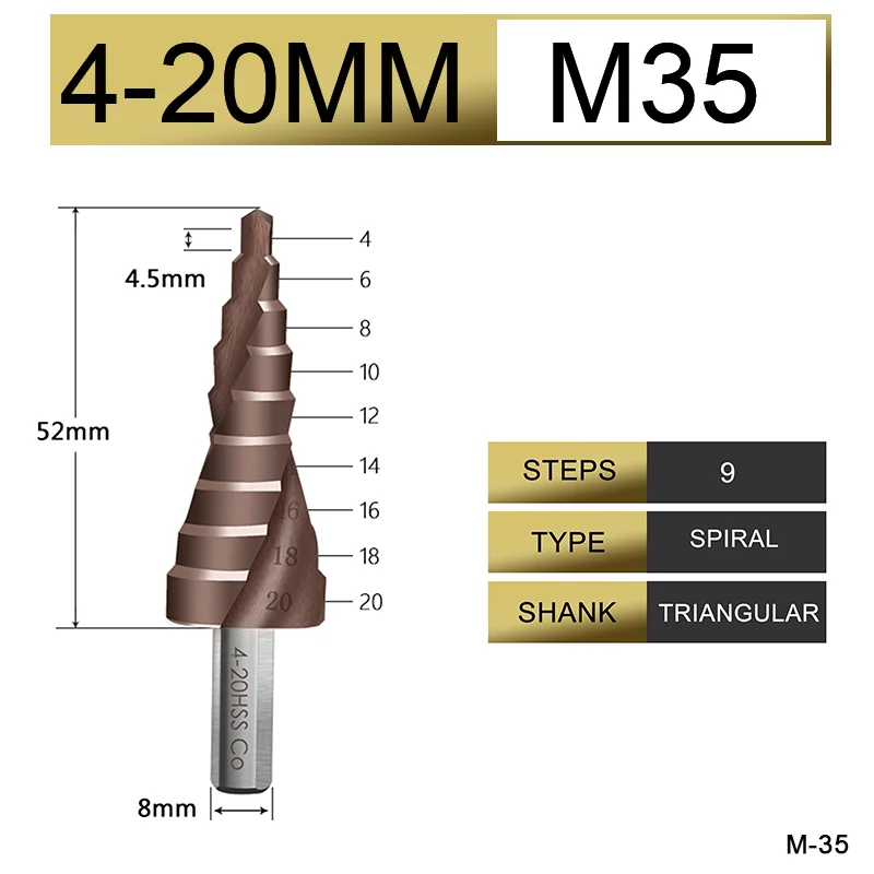 M35 4-20-spiral UCHEER Hss стальное титановое ступенчатое сверло с треугольным хвостовиком 4-12/4-20/4-32 шнековое сверло - Длина режущей кромки: M35 4-20-spiral
