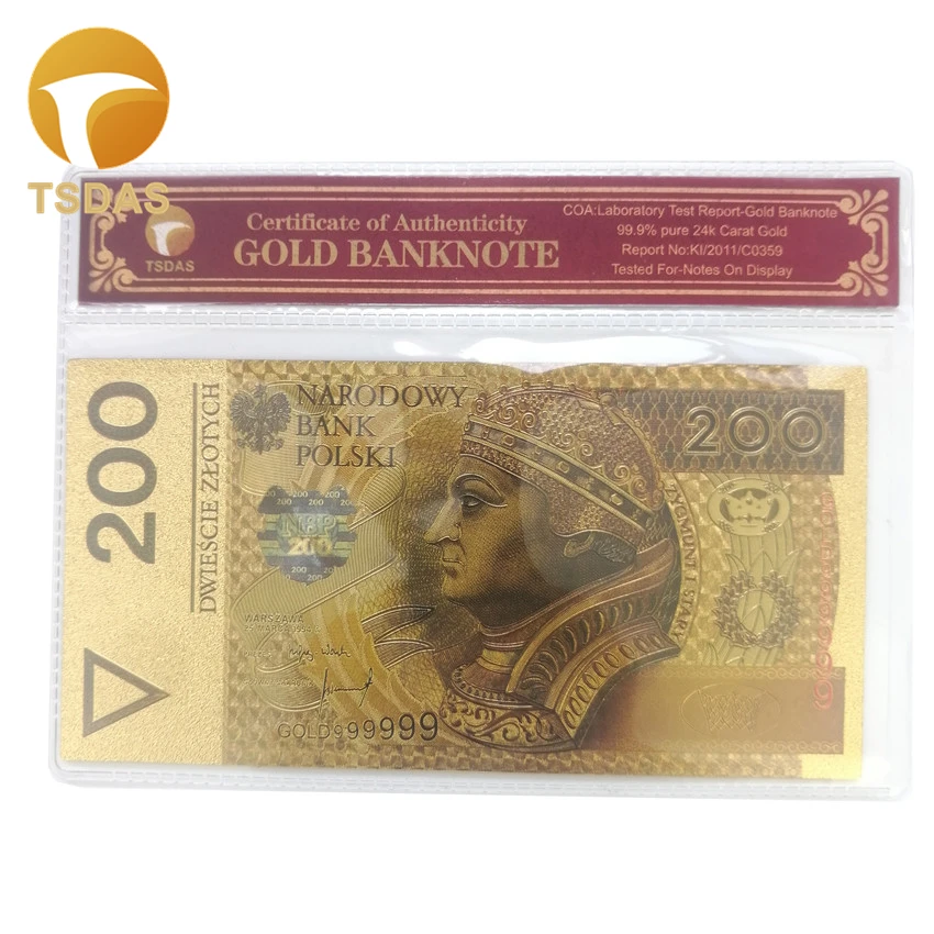 

Poland Banknotes 200 NBP Gold Banknote In 24k Gold Plated with COA Frame for Business Collection