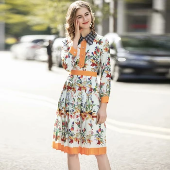 

Bohemia Print Flowers Long Sleeve Single-Breasted Pleated Elegant Temperament Shirt Dress Spring Summer Women'S Clothing