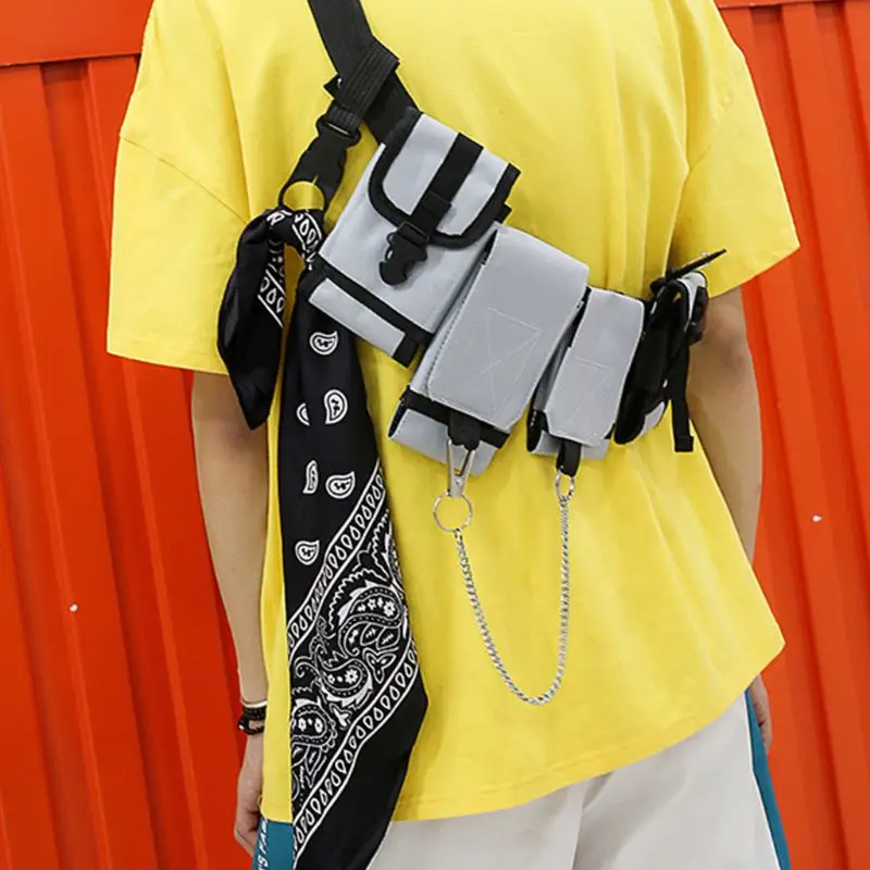 Men Chest Tactical Waist Bag Multi-pocket Shoulder Bags Phone Pouch with Scarf Boy Fashion Fanny Pack
