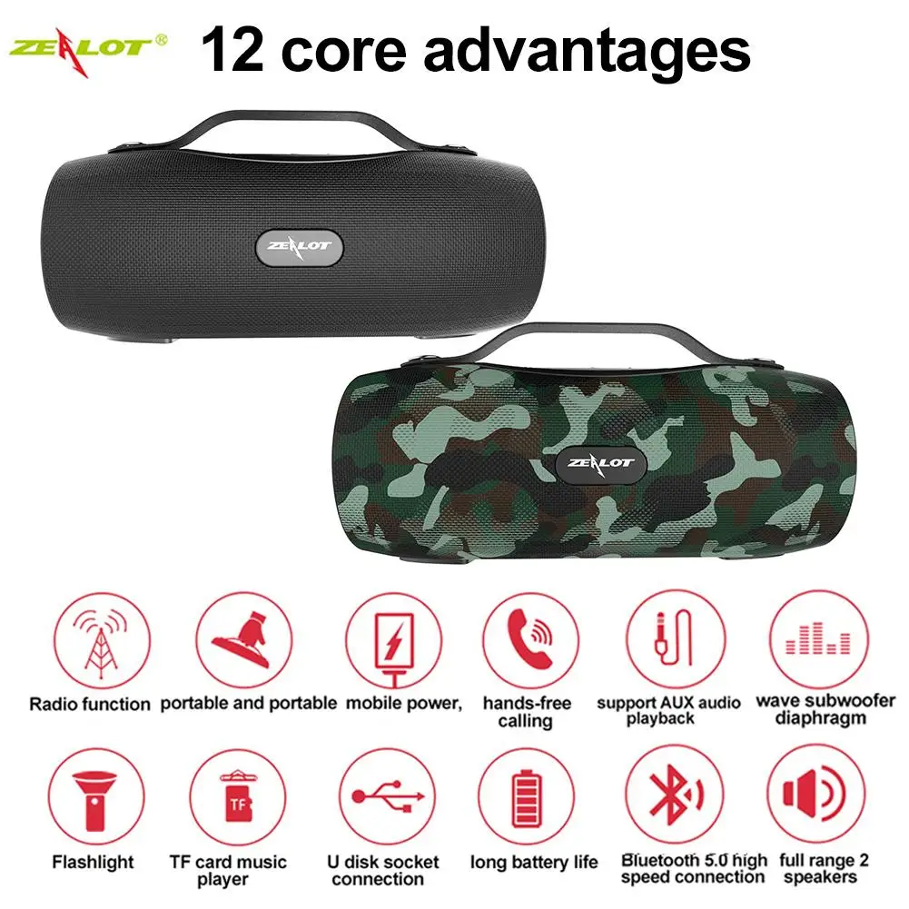 

ZEALOT S29 Bluetooth 5.0 Speaker Portable Outdoor FM Radio Bluetooth Speaker Mobile Power SOS Emergency Flashlight TF Card Subwo