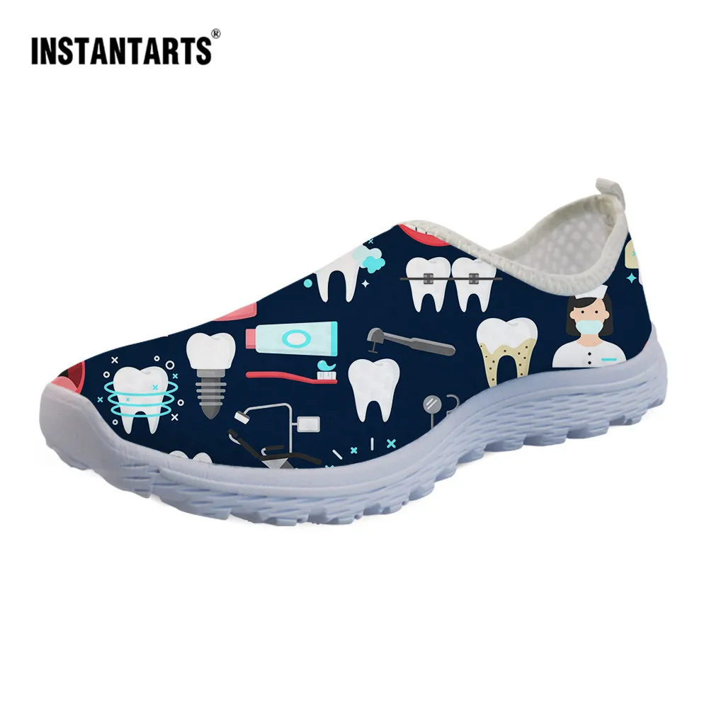 INSTANTARTS-zapatillas de deporte para mujer, zapatos de dentista con estampado de equipo Dental, mocasines de malla de verano, calzado plano ligero con respiración
