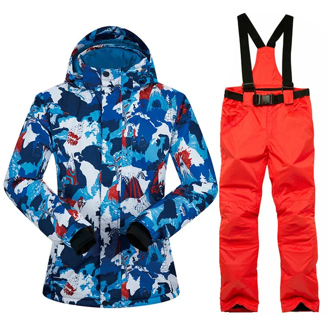 Лыжный костюм для мужчин, Толстая теплая ветрозащитная Водонепроницаемая лыжная куртка, уличные спортивные зимние куртки и штаны, зимняя Лыжная куртка для сноуборда - Цвет: Blue red Orange red