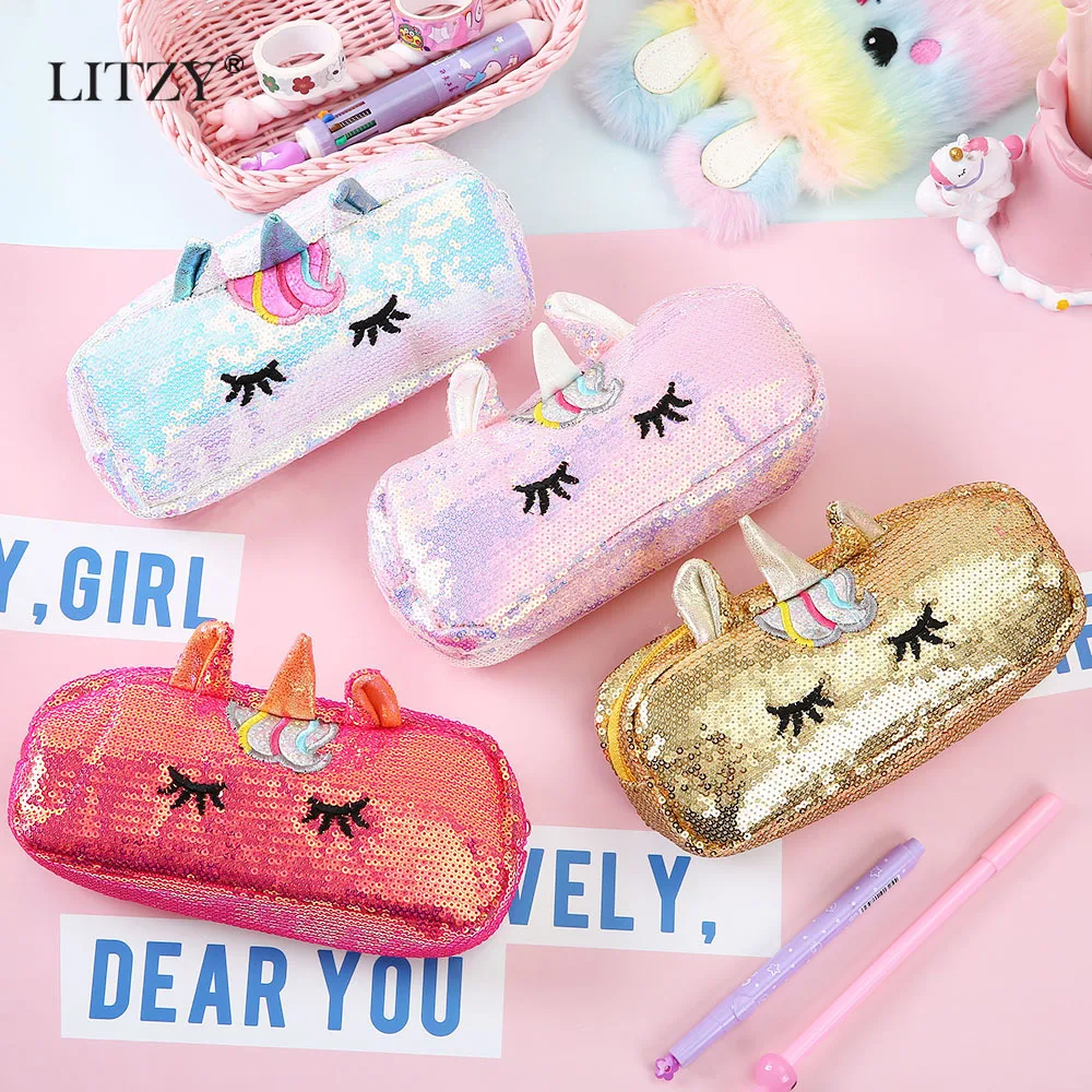 

1pcs Cute Unicorn Sequin Pencil Case School Supplies Laser Pencils Bags Big Pen Box Student Pencilcase For Girls Stationery Gift