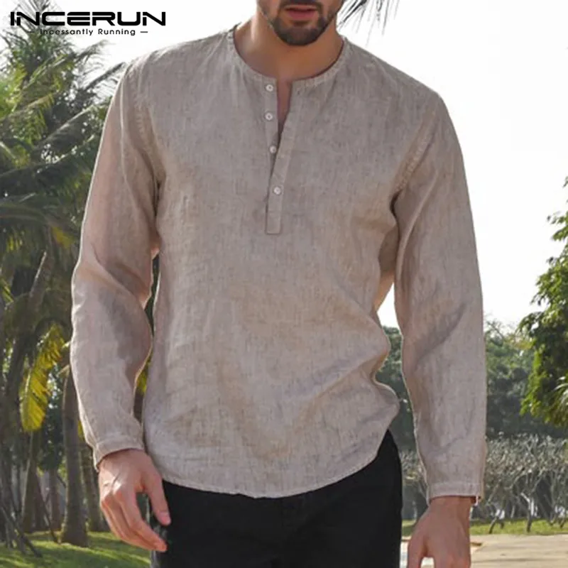 2020 INCERUN Men's Shirts Long Sleeve Dress Henley Collar Shirts Plain Solid Loose Casual Shirts Hombre Camisa Autumn Tops 2020 INCERUN Men's Shirts Long Sleeve Dress Henley Collar Shirts Plain Solid Loose Casual Shirts Hombre Camisa Autumn Tops