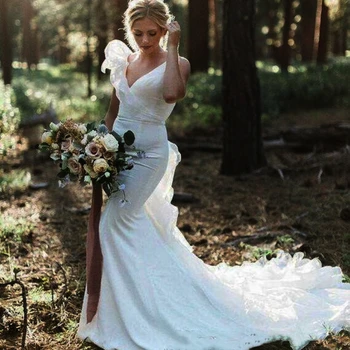 

Elegant Fairy Boho Mermaid Wedding Dresses 2020 V Neck Open Back Long Train Bridal Gowns Country Beach Bride Dress vestidos