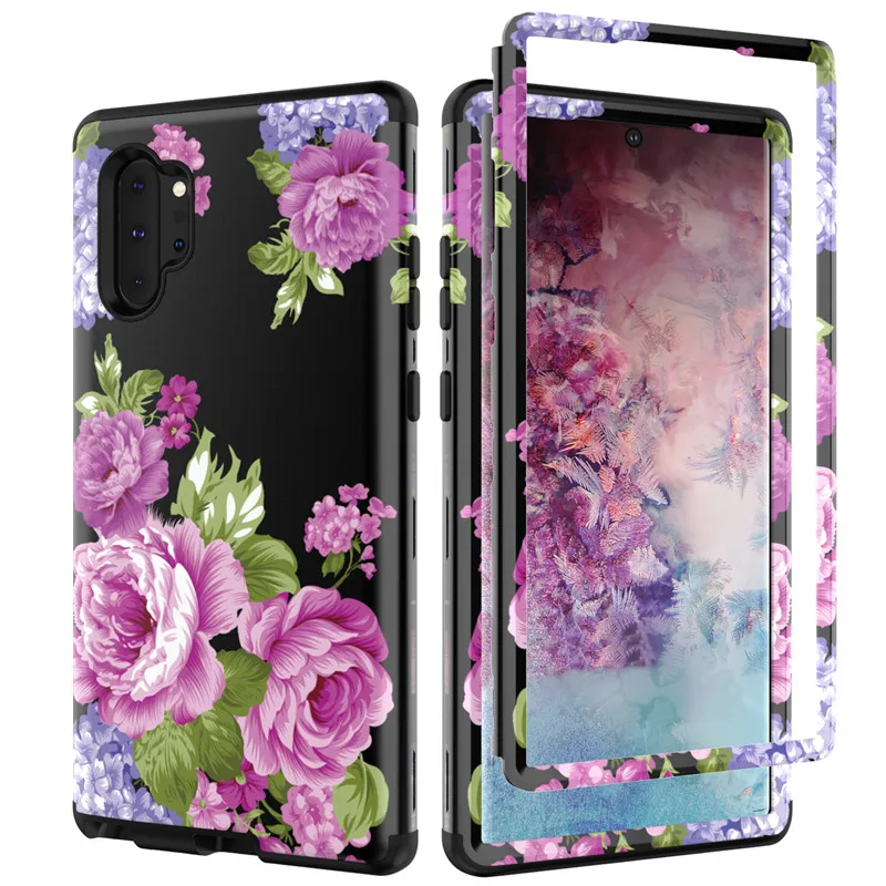 

Front&Back 360 Degree Full Body Protective Case For Samsung note10 Plus Marble Flower Glitter PU Silicon Shockproof Hybrid Armor