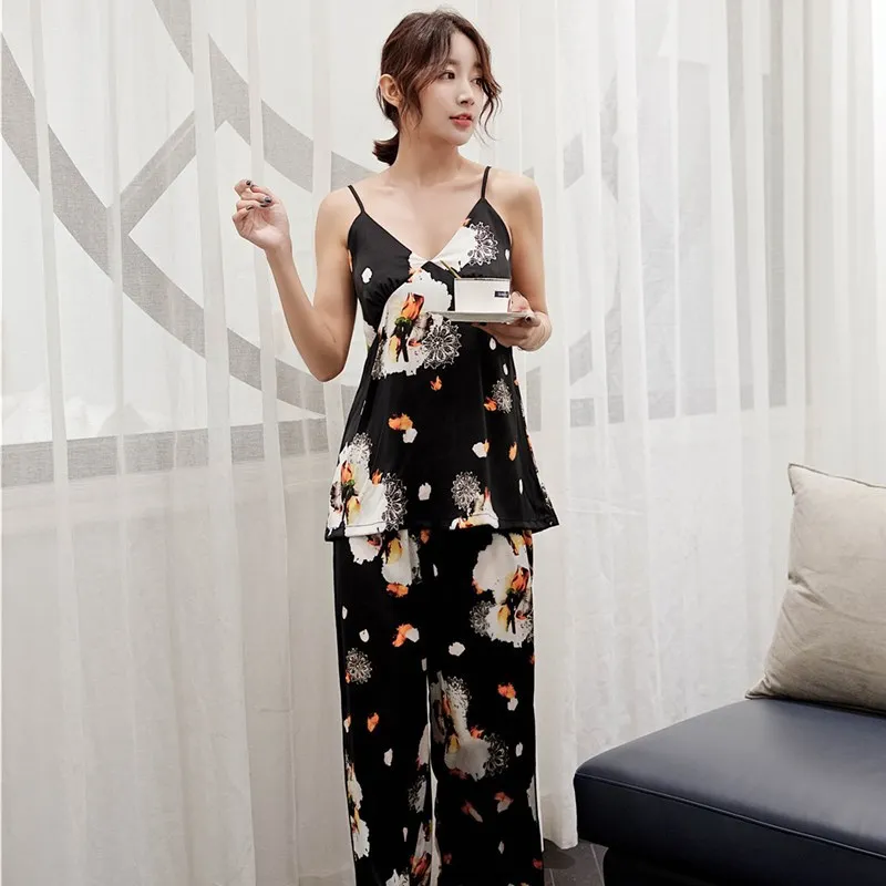 

Fiklyc Ladies Spring Thin Section Of Silk Loose Suspenders Trousers Pajamas Three-Piece Suit Summer Home Service