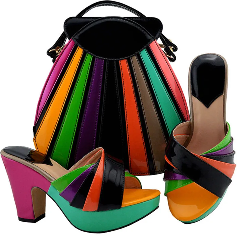 Итальянская Дамская обувь и подходящая Сумочка в комплекте; на очень высоком каблуке(8cm-up) квадратном каблуке Босоножки на каблуке Для женщин женские туфли-лодочки в африканском стиле; Женская обувь в комплекте с набором подходящих сумок - Color: Black
