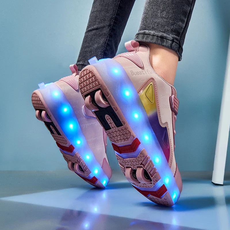 Zapatillas con ruedas Zapatillas luminosas con niña Zapatillas de deporte con ruedas niños y niñas, zapatos de patines, deportivas informales a la moda, botas luminosas con Led, 4 rodillos|Zapatillas