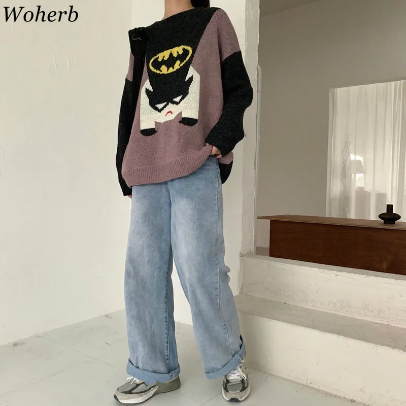 Woherb Pull Femme пуловер с длинными рукавами и круглым вырезом свободный свитер с мультяшным рисунком женские модные новые Джемперы Harajuku уличная 90957