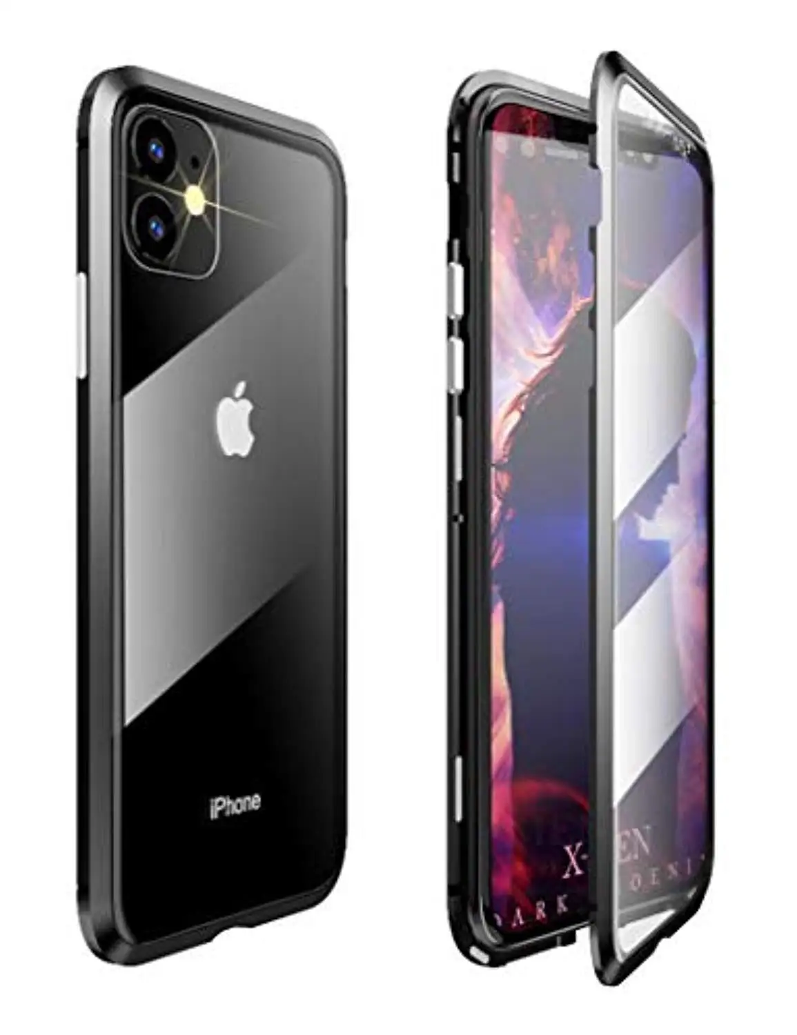 Для iPhone 11 Pro MAX 6 6S 7 8 Plus чехол металлический бампер Магнитная Адсорбция 9H закаленное стекло Передняя и задняя полная защита чехол - Цвет: Black