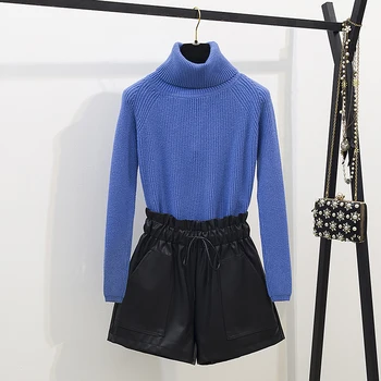 

Women Turtleneck 2 Piece Set Fashion Fall Winter Knitted Thicken Warm Loose Pullovers Suits + Black PU Elastic Waist Shorts Set