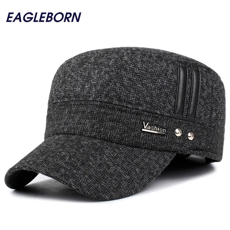 

Winter hats Outdoor men military hat with earflaps keep warm flat visor baseball caps old men thicken snapback Russia casquette