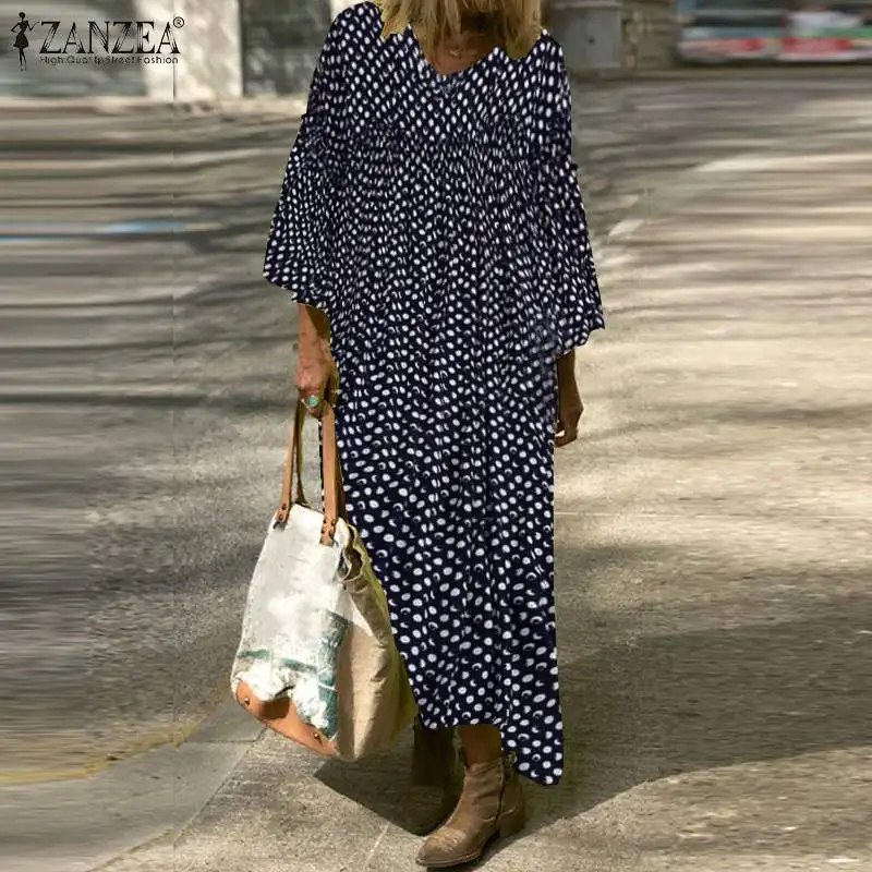 Женское винтажное платье в горошек с принтом ZANZEA, богемное платье, винтажное платье с оборками, плиссированный пляжный сарафан, Халат