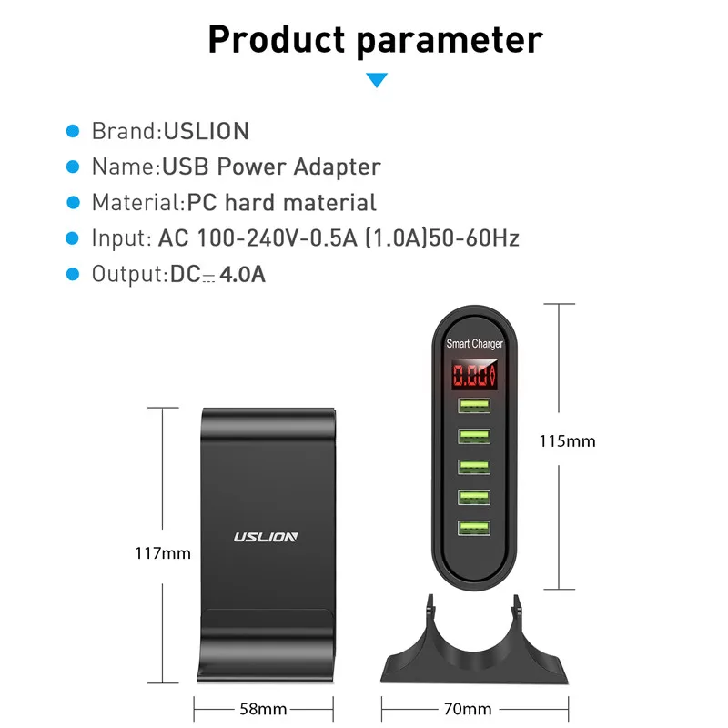 USLION 5 Port USB Charger For Xiaomi LED Display Multi USB Charging Station Universal Phone Desktop Wall Home EU US UK Plug 6