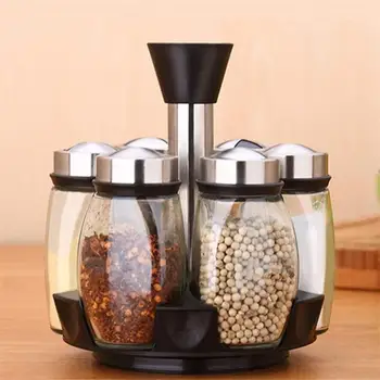 

Rotating Cruet Condiment Seasoning Jars Set 7 Pcs Spice Jars Rack Pepper Sprays Bottles Salt Shakers Holder Kitchen Storage