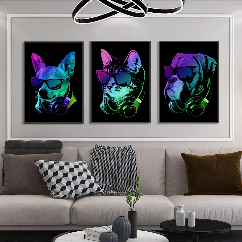 Neon style cool Dj animals Leopard Dog Orangutan Wall Art Canvas Poster Print Picture Home Living Room Decoration Painting