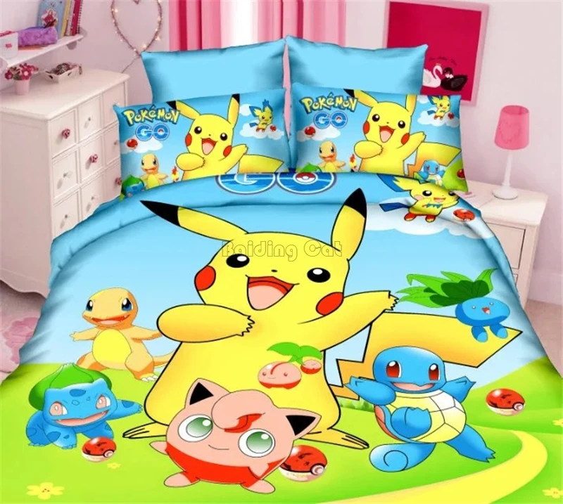 Tanie Tekstylia domowe 3D Pokemon powłoczki dzieci Cartoon Character pościel poliester bawełniany arkusz, poszewki na poduszki i kołdra zestaw osłon