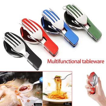 

4 in 1 Multi-Function Stainless Steel Tablewares Camping Hiking Folding Pocket Fork Knife Spoon Bottle Opener Cutlery Sets New