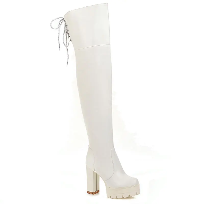 Lloprost ke/зимние женские ботфорты на толстом высоком массивном каблуке; женские Сапоги выше колена на молнии со шнуровкой; женская обувь