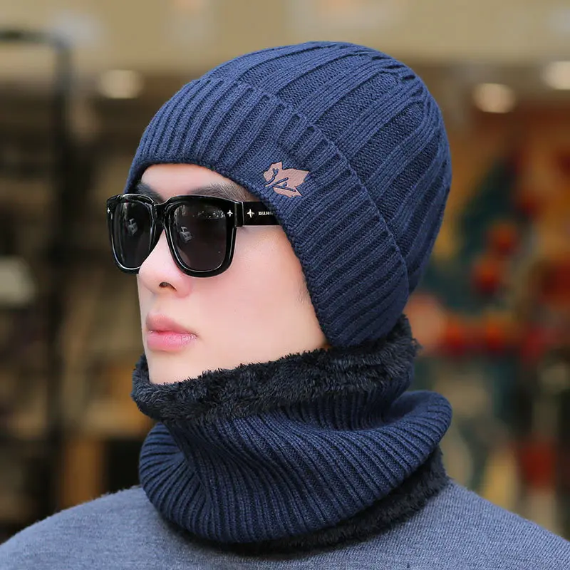Depom 2019 Новая мужская зимняя шапка, шарф плюс бархатный лист вязаная шапка нагрудник 2 комплекта мужские и женские уличные теплые Thicking