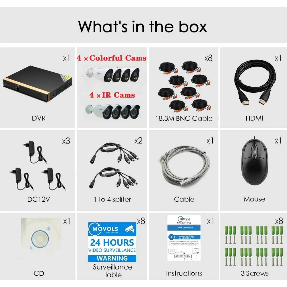 Best Movols Video Surveillance Camera Kit 2MP CCTV AHD Colorful&IR Night Vision Outdoor Waterproof 8CH DVR Security Camera System 2