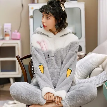 

Autumn Winter Warm Soft Hooded Sleepwear 2pcs Warm Cute Nightwear Home Suit Daily Pajamas For Women Pijama Mujer пижама женская