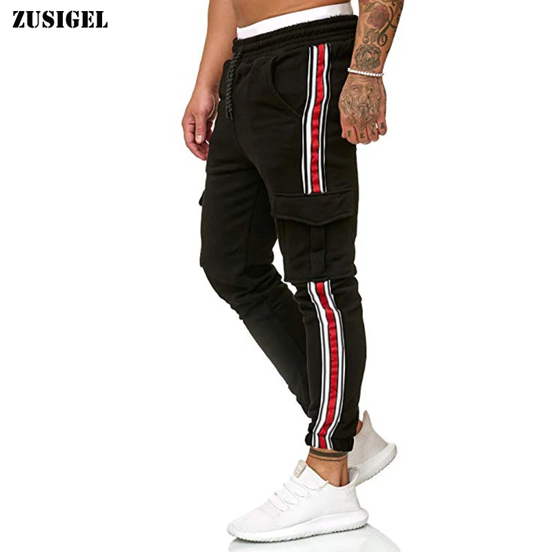 

ZUSIGEL Mens Striped Pants Autumn Winter Drawstring Jogger Pants Trousers Knee Pockets Design Running Gym Sweatpants Trousers