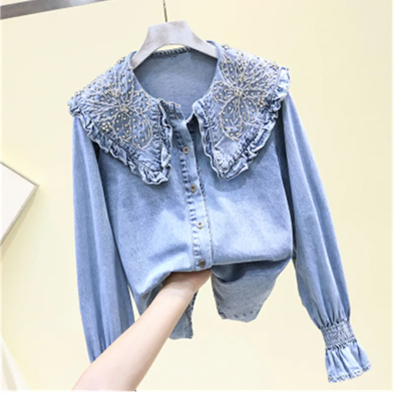 2020 новая весенняя джинсовая Блуза женская одежда рубашка ручной работы с