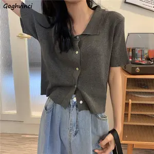 Short Sleeve T-shirts Women Lapel Collar Solid Simple Knitted Single Breasted Female Tops Preppy Style All-match Vintage Fashion