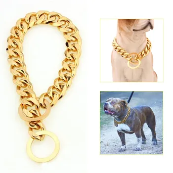 

New 14-26" Dog Gold Chain Collar 13mm Wide Tone Double Curb Cuban Rombo Link 316L Stainless Steel Wholesale Pet Jewelry